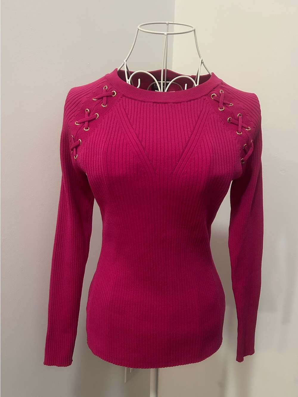 I.N.C. Hot Pink Ribbed Knit Lace-Up Shoulder Top Size XS